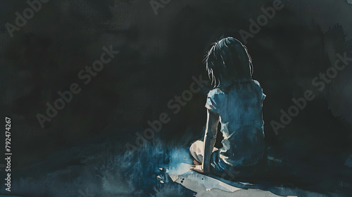 Depression young girl sitting alone in the dark sadness  a loss of interest concept illustration  photo