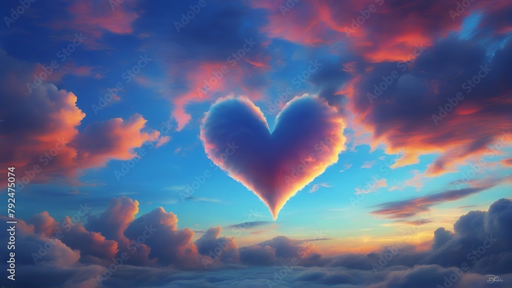 heart in the sky. Heart made of clouds in evening colorful sky.