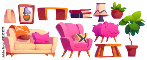 Living room interior furniture and decorative elements in bright pink colors. Cartoon vector illustration set of cute girly house and apartment indoor cabinetry - sofa and armchair, ottoman and table.