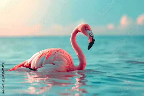 Pink flamingo floats on the sea
