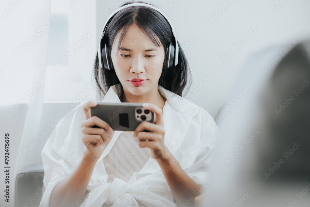 Young Asian woman sitting on a comfortable sofa at home, texting on a smartphone. Smiling young woman uses a mobile phone online message chat Buy things online from home Young Asian woman sitting on a comfortable sofa at home, texting on a smartphone. Smiling young woman uses a mobile phone online message chat Buy things online from home