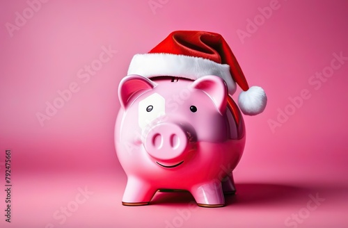 Bank Christmas: Pink Piggy Bank with Christmas Hat Saving for December Gifts