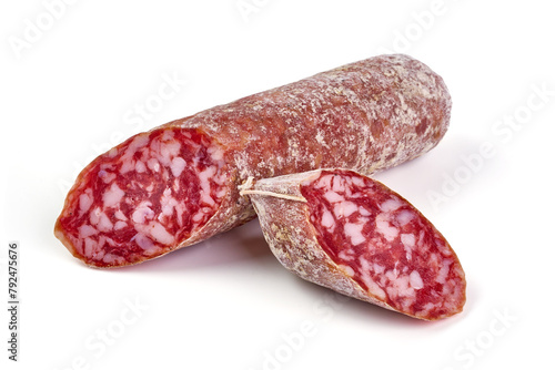 Cured winter salami sausage, Italian cuisine, isolated on white background