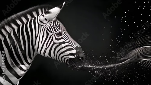 Zebra Whispers in Stardust Waves: A Monochrome Harmony. Concept Wildlife Photography, Monochrome Aesthetics, Nature Portraits, Animal Whisperer, Nature's Beauty photo