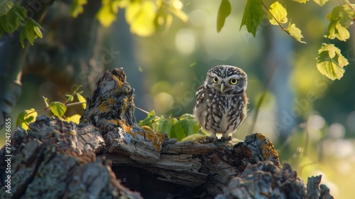 A small owl hidden in a natural setting, identified as the Little Owl (Athene noctua). photo