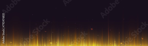 Golden light lines and sparkles on black background. Vector realistic illustration of vertical yellow rays shimmering in darkness, magic gold flare effect, nightclub party decoration, concert backdrop