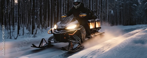 Snowmobiling enthusiasts blaze a trail along a forest road blanketed in winter snow, carving through the pristine landscape with exhilarating speed and precision