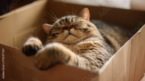 Rotund cat lounging lazily in a cardboard box, its chubby cheeks and relaxed demeanor exuding pure contentment.