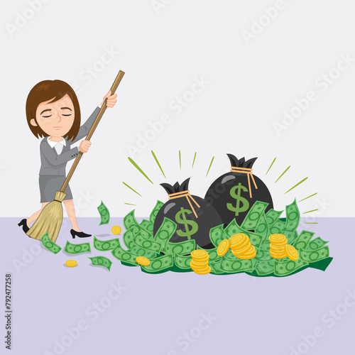Woman Sweeping Money. Flat, Vector, Illustration, Cartoon, EPS10.