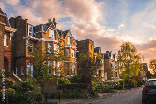 View of traditional residential street in English town at sunset