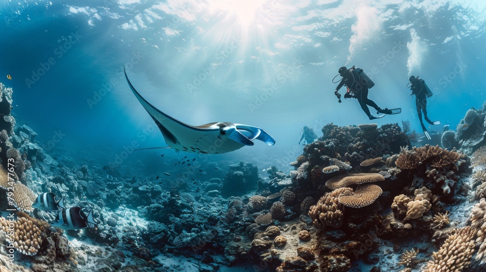 Fototapeta premium Scuba divers encountering a majestic manta ray gliding gracefully over a coral reef