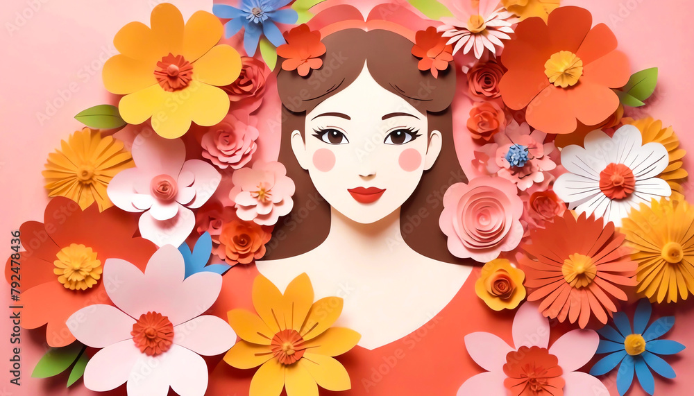 International Women's Day, copy space, portrait of a woman surrounded by vibrant paper-cut flowers.
