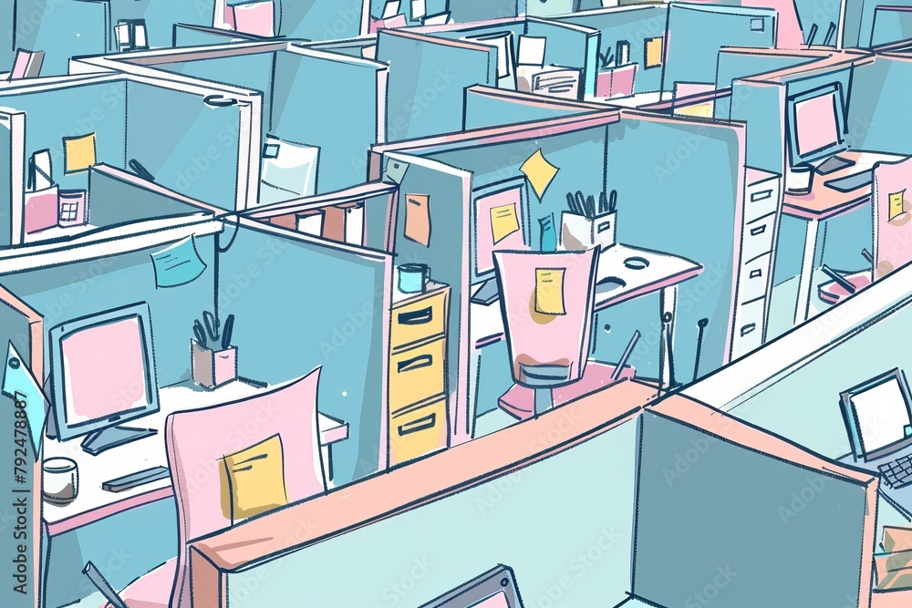 Fototapeta premium Cartoon cute doodles of cubicles with empty desks and computers, with filing cabinets and office supplies neatly organized, Generative AI