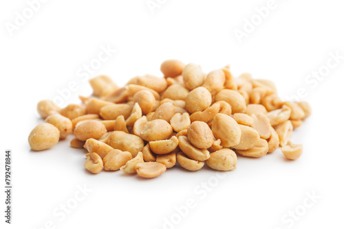 Salted roasted peanuts isolated on white background.