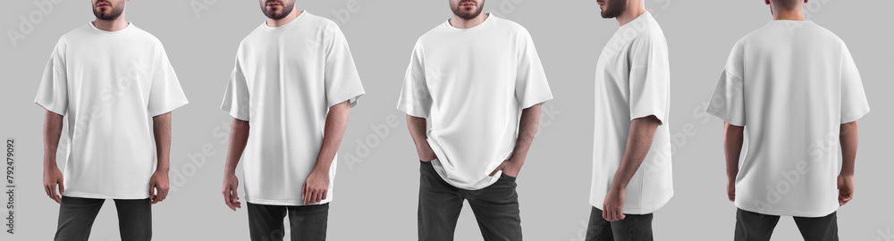 Oversized white t-shirt mockup on a bearded guy in jeans, summer clothing for design, branding, front, side, back view. Set - obrazy, fototapety, plakaty 