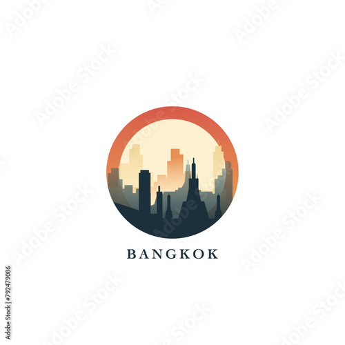 Bangkok cityscape, gradient vector badge, flat skyline logo, icon. Thailand capital city round emblem idea with landmarks and building silhouettes. Isolated graphic