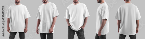 Oversized white t-shirt mockup on a bearded guy in jeans, summer clothing for design, branding, front, side, back view. Set © olegphotor