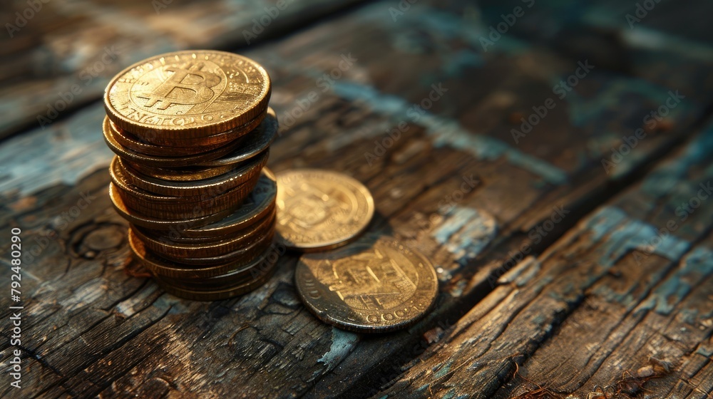 Stack of coins on a wooden table Stack of coins on a wooden table