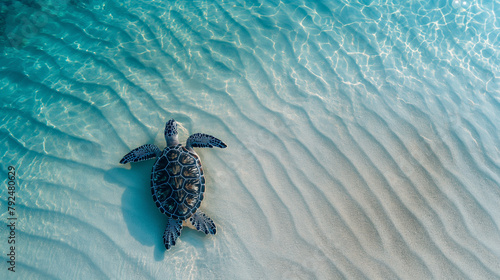 sea turtle swimming in crystal clear sea water on the white sand beach photo