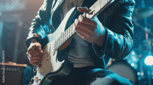 A male guitarist is playing an electric guitar during a rehearsal in a studio, focusing on the photo