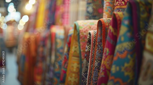 Through a hazy lens rows of traditional textiles come into view each piece telling a story of culture and heritage. The defocused background adds a dreamlike quality to the display .