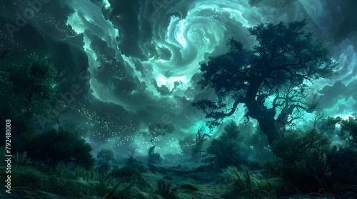 Enchanted Forest Illuminated by Swirling Atmospheric Clouds and Fairy Lights