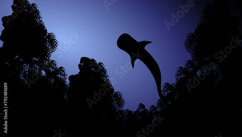 whale shark in ocean, flat color illustration