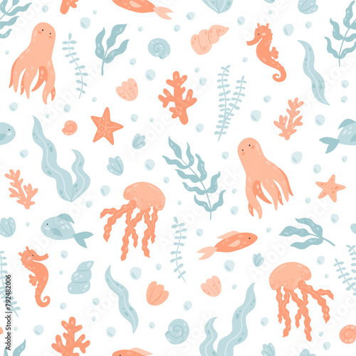 Cute pattern with cartoon sea animals, underwater life - octopus, jellyfish, seahorse. Vector seamless hand-drawn texture with sea elements on white background.