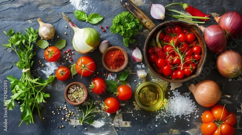 A collection of freshly chopped vegetables, including onion, spices, parsley, and olive oil, are photo