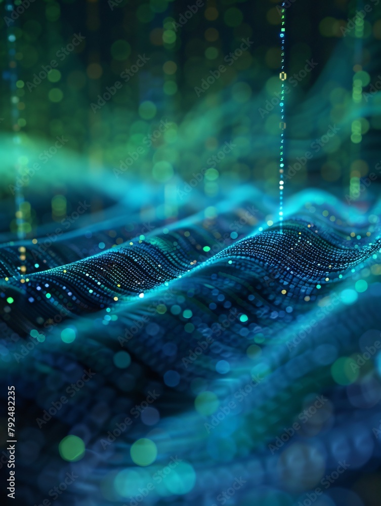 3D rendering of glowing blue and green data wave. 3D rendering of glowing blue and green data wave.