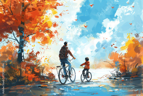 Father teaching son to ride a bicycle in autumn. Postcard for the day of the father.