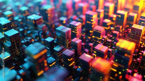 A glowing 3D rendering of a city made of cubes with bright neon lights. photo