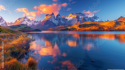 Beautiful sunset over lake,mountains and sky, warm vibrant colors,landscape wallpaper,background.