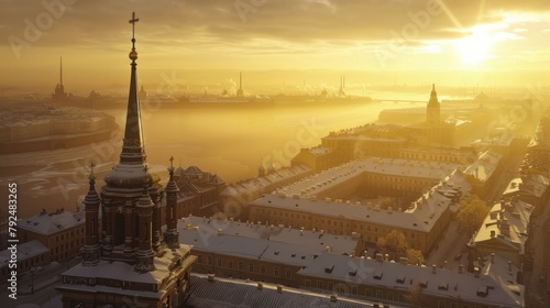 In February, the spire of the Peter and Paul Cathedral rises above the roofs of the Peter and Paul photo