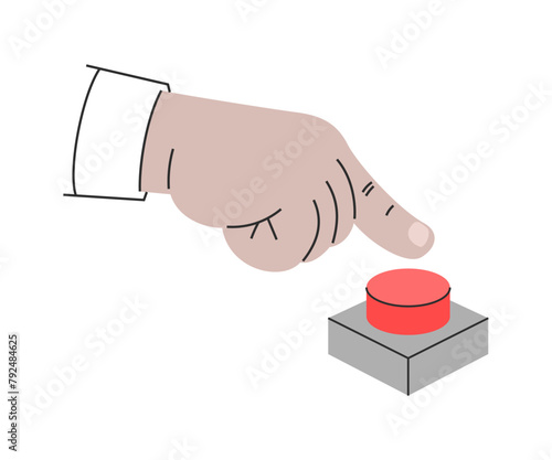 Male fist pressing forcefully with a finger on a big red button. Vector illustration