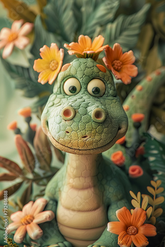 Playful dinosaur with clay flowers 3D style