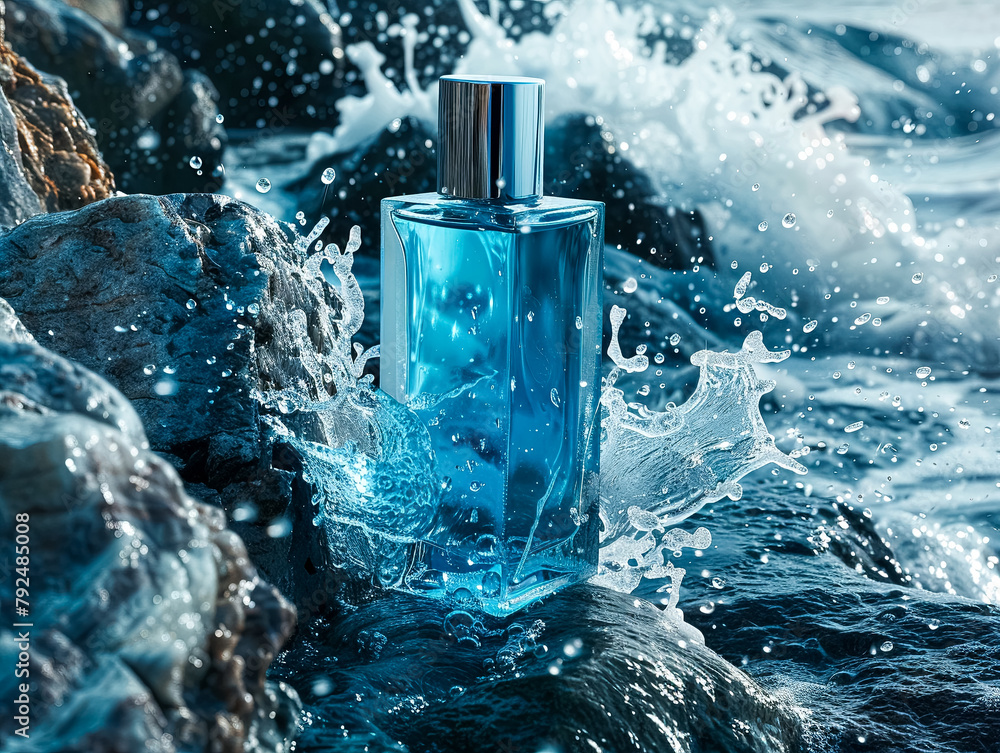 trendy perfume, on a rocky shore, with sea spray trendy perfume, on a rocky shore, with sea spray