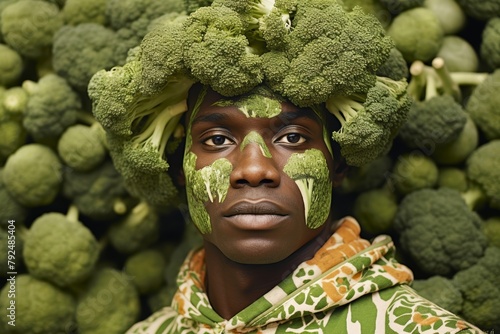 Smiling African sexy man wearing broccoli costume
