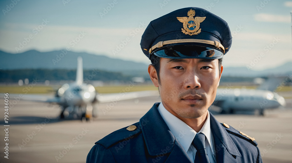 Portrait of Asian man pilot in uniform standing in front of airplane at airport, close up Portrait of Asian man pilot in uniform standing in front of airplane at airport, close up