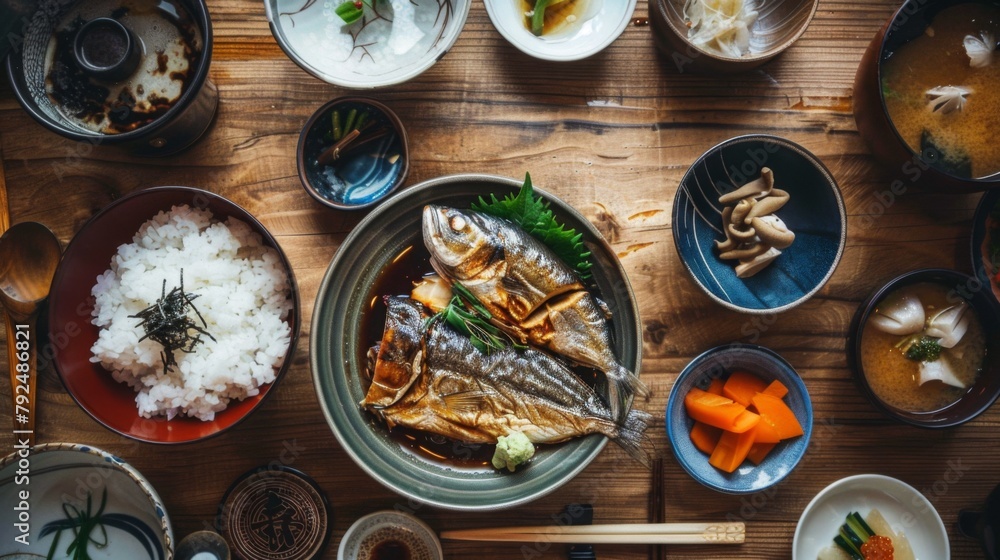 Traditional Japanese breakfast with grilled fish, rice, miso soup, and pickled vegetables Traditional Japanese breakfast with grilled fish, rice, miso soup, and pickled vegetables