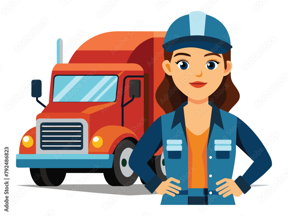 Confident female truck driver, Logistics and transportation vector cartoon illustration. Confident female truck driver, Logistics and transportation vector cartoon illustration.