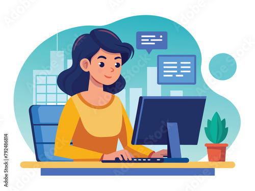 Woman programming. Dedicated professional at her office desk, Productive workspace  vector cartoon illustration.