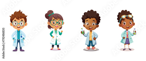 Cartoon children dressed as scientists with lab equipment, vector illustration.