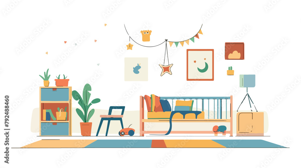 Flat nursery with bed and play area. Vector illustration