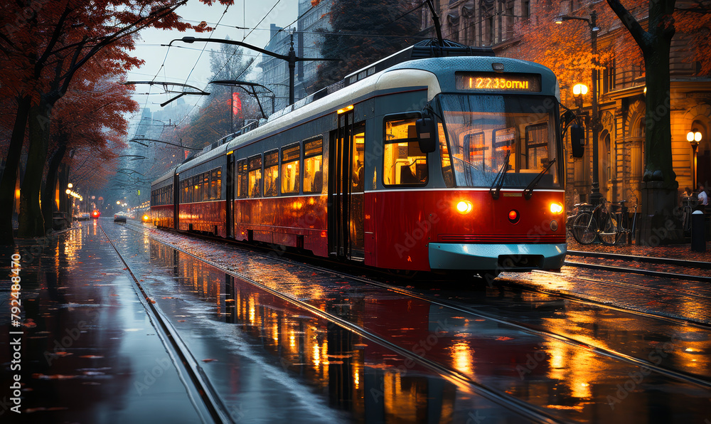 Rainy Evening Tram Ride - Glistening City Street - Urban Autumn Ambiance
