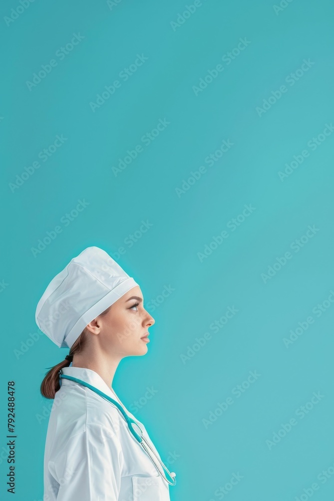 Woman Chef in Chefs Outfit Against Blue Background Woman Chef in Chefs Outfit Against Blue Background