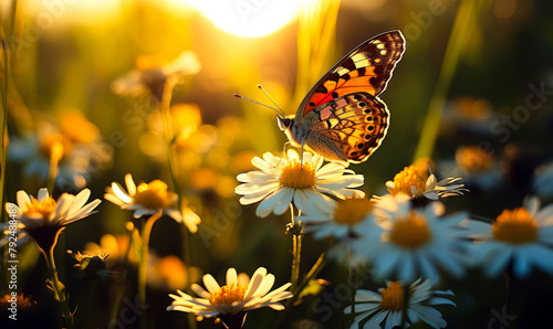 Butterfly Basking in Sunset Radiance - Delicate Dance on Daisy Field