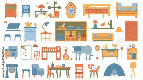 Flat set of children toys and furniture. vector illustration
