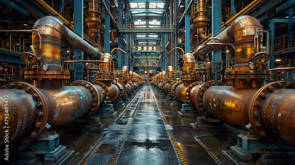 Against a backdrop of industrial machinery a bunch of pipes stands out Against a backdrop of industrial machinery a bunch of pipes stands out