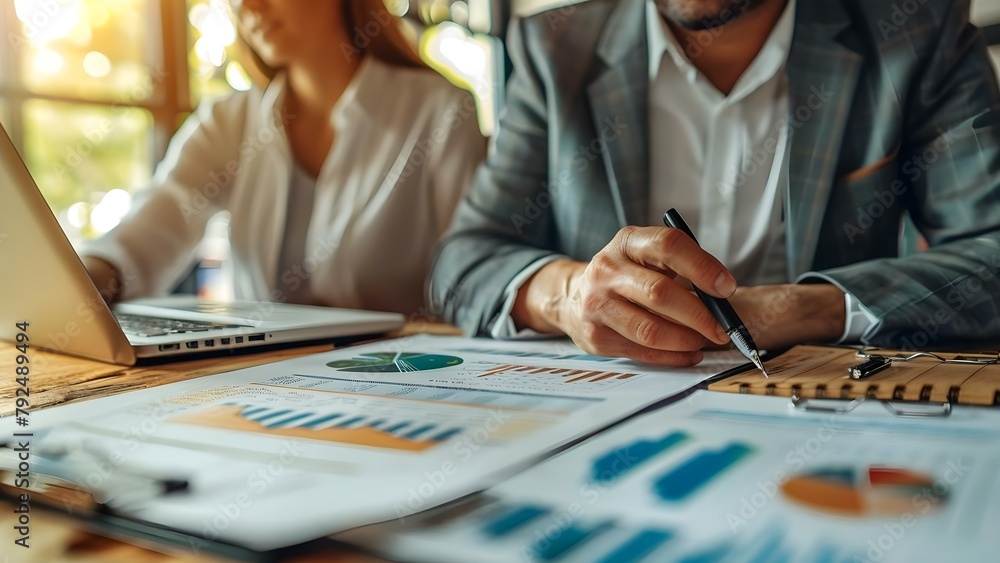 Business partners discussing financial reports and planning investment strategy in conference room. Concept Business Strategy, Financial Planning, Investment Analysis, Conference Room Discussion